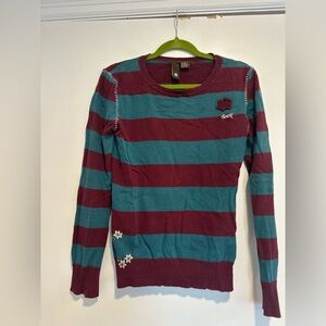 Elements Skate Y2K Sz:L Maroon/ Teal Striped Pullover Sweater Floral Appliqué.
